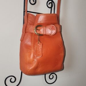 Vintage Soho Belted Buckle Cinch Bucket Pouch Bag Orange Leather 4156 Inspired